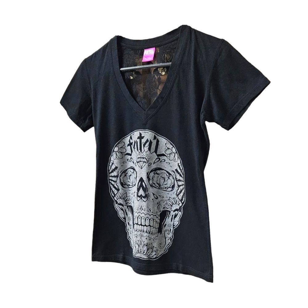 FATAL Women's NEW V- Neck Skull Rose Lace Sexy Tee. - Picture 3 of 12